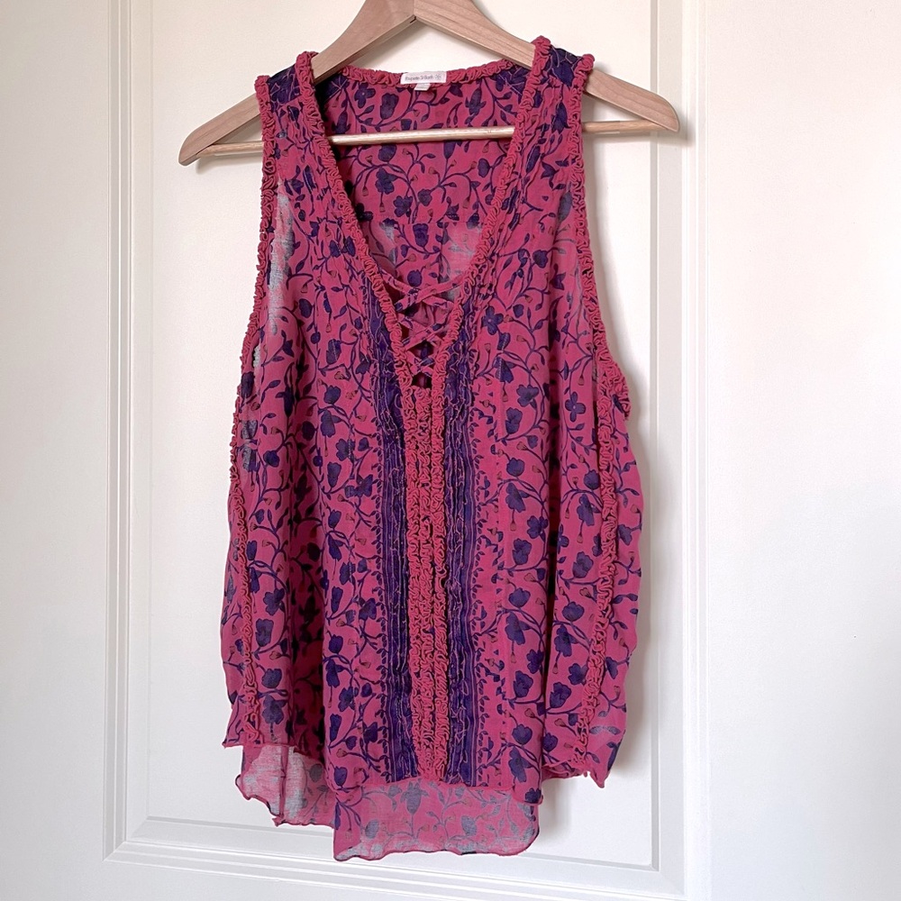 Poupette St Barth Pink and Purple Floral Lace-Up Tank Top